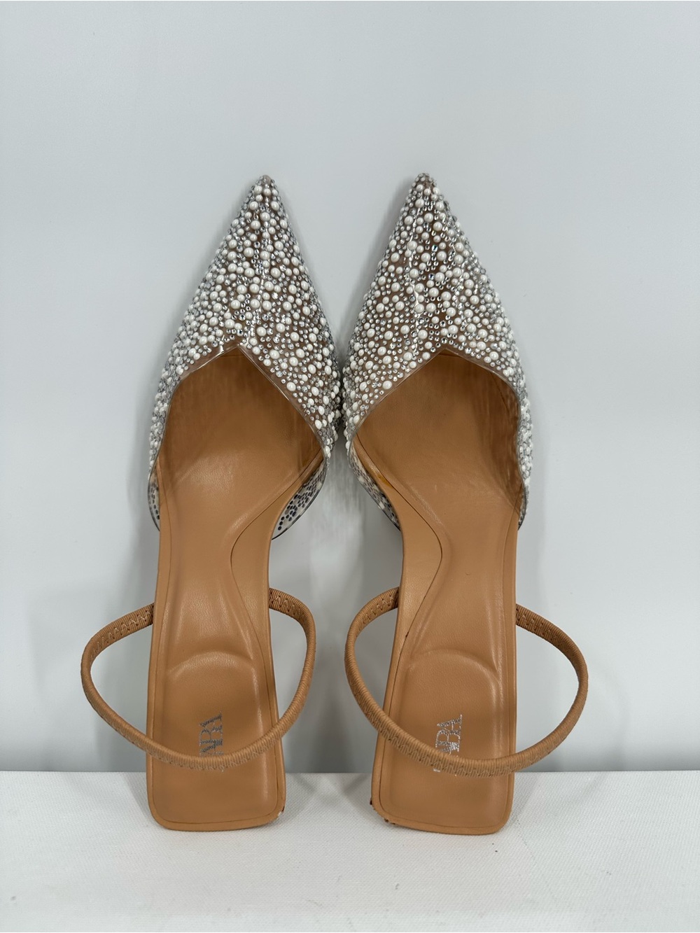 ZARA Clear PVC Pearl Rhinestone Embellished Pointed Slingback Kitty Heels Size 7 - Picture 7 of 15